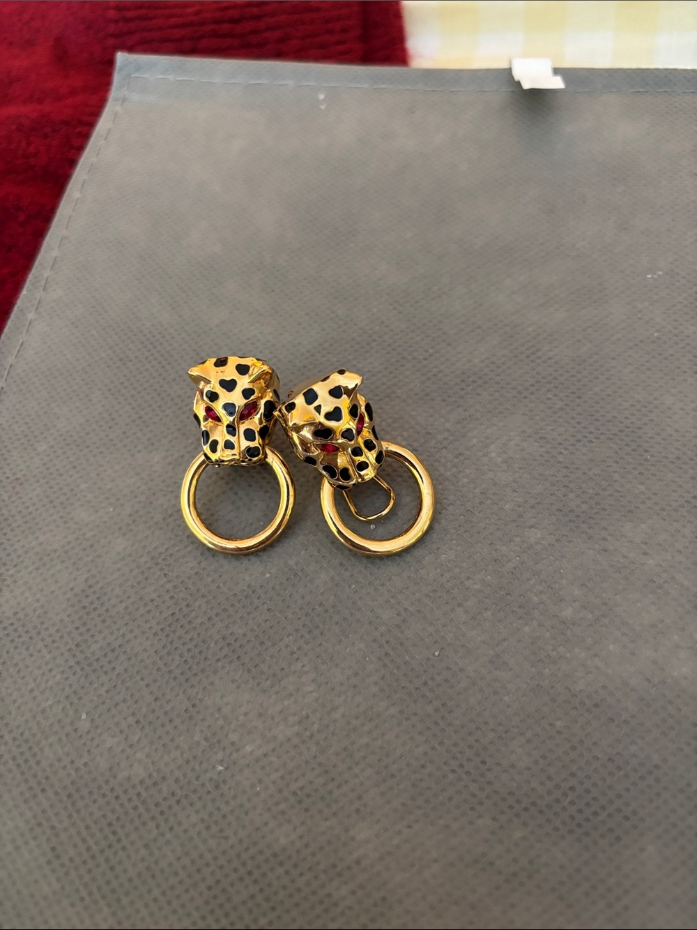 Kenneth Jay Lane Gold Leopard Head Hoop Earrings with Black Spots and Red Eyes